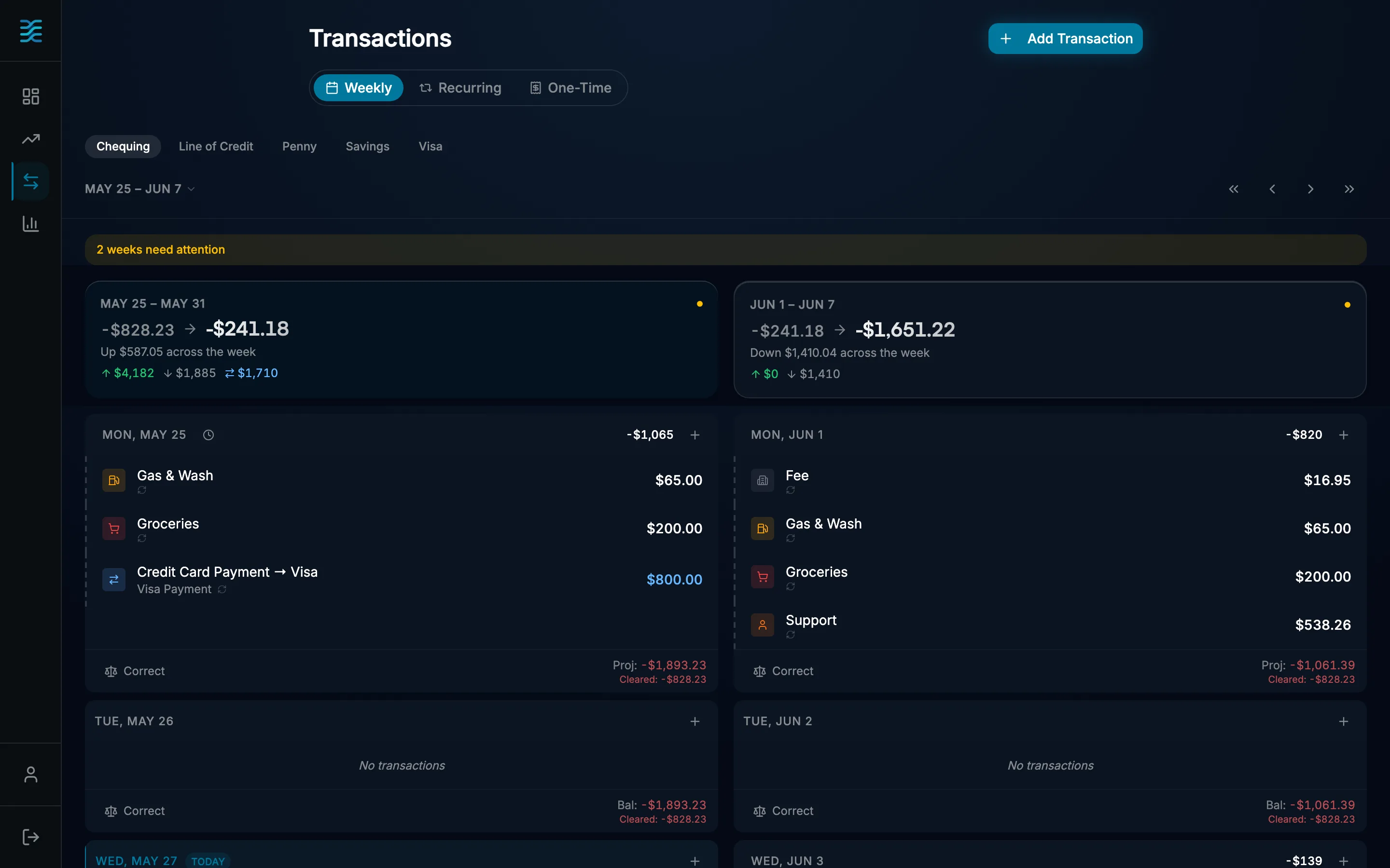 Recurna Flow weekly view: two weeks side by side, each day's transactions grouped by category, with the projected ending balance for every week.